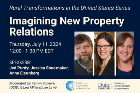 Rural Transformations in the United States Series. Imagining New Property Relations. Thursday, July 11, 12:00-1:30 PM EDT. Speakers: Jed Purdy, Jessican Shoemaker, Anne Eisenberg.